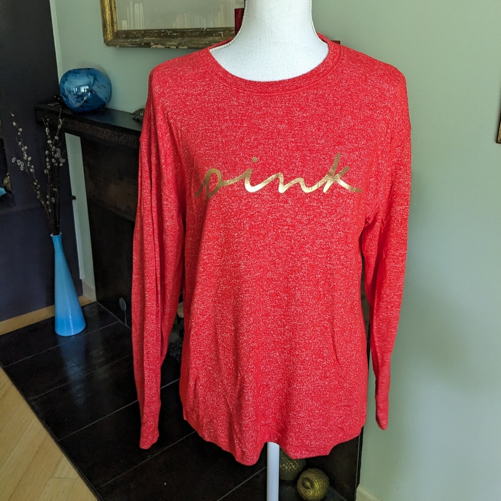 PINK Victorias Secret XS Oversize Long Sleeve Heather Red Gold Lettering Top 23